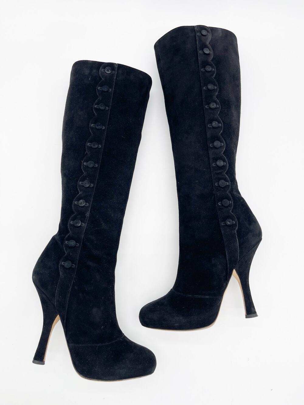 Dolce & Gabbana Black Suede Scalloped Button Knee High Stiletto Boots IT 39